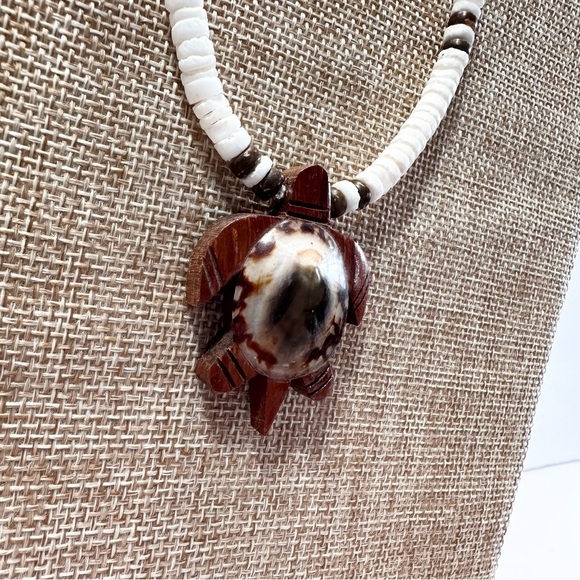 Hawaii Koa Wood Honu Sea Turtle Opihi Shell Necklace Choker Hiechi Beads - Picture 4 of 12